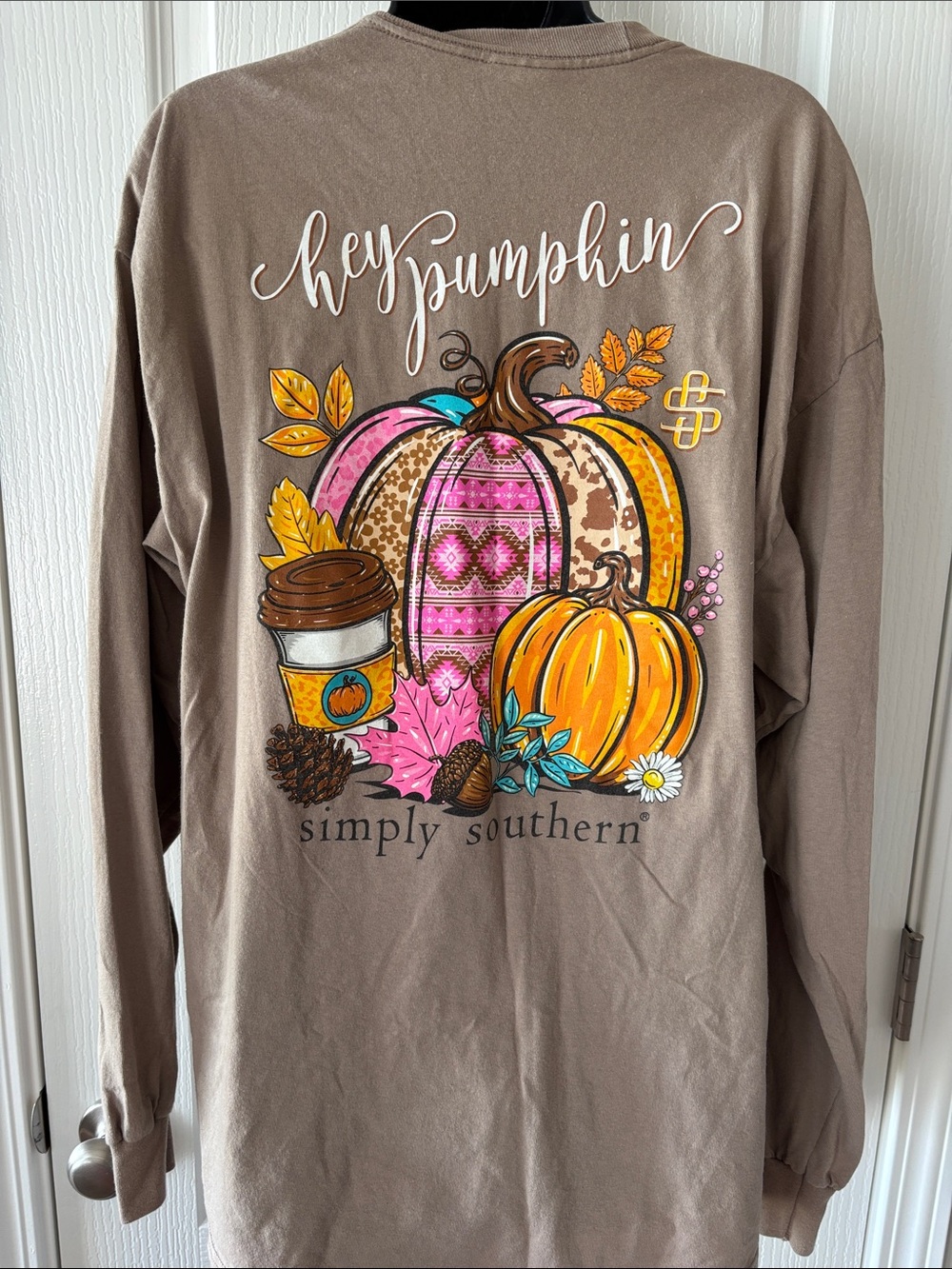 Simply Southern Taupe Long Sleeve with Pumpkin Coffee Cup Graphic - Picture 3 of 3